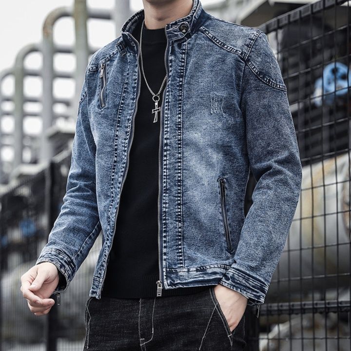 デニムジャケットメンズ 立襟ジップアップ加工デニムジャケット