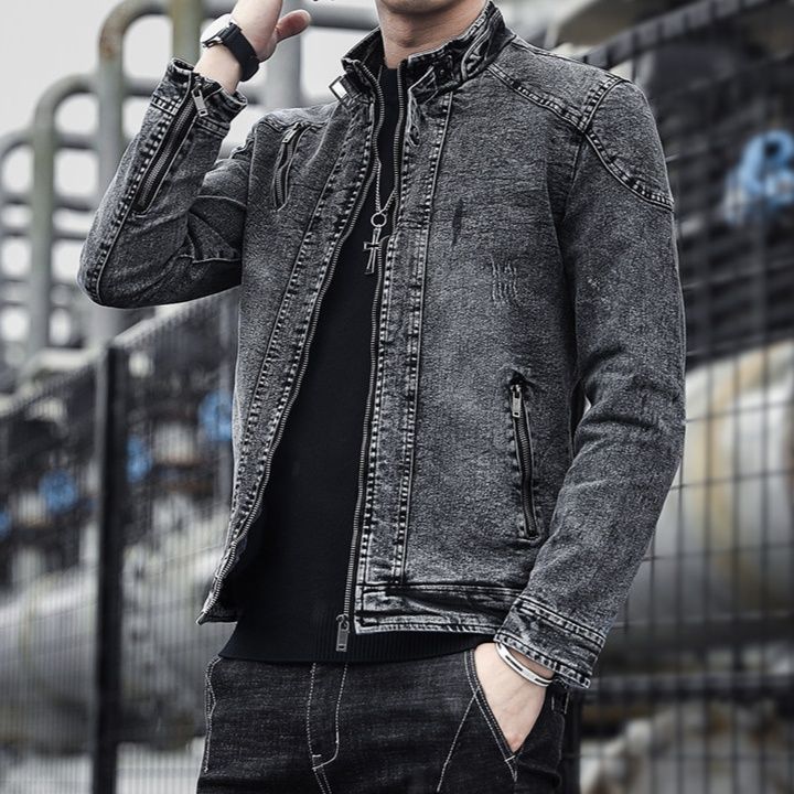 デニムジャケットメンズ 立襟ジップアップ加工デニムジャケット
