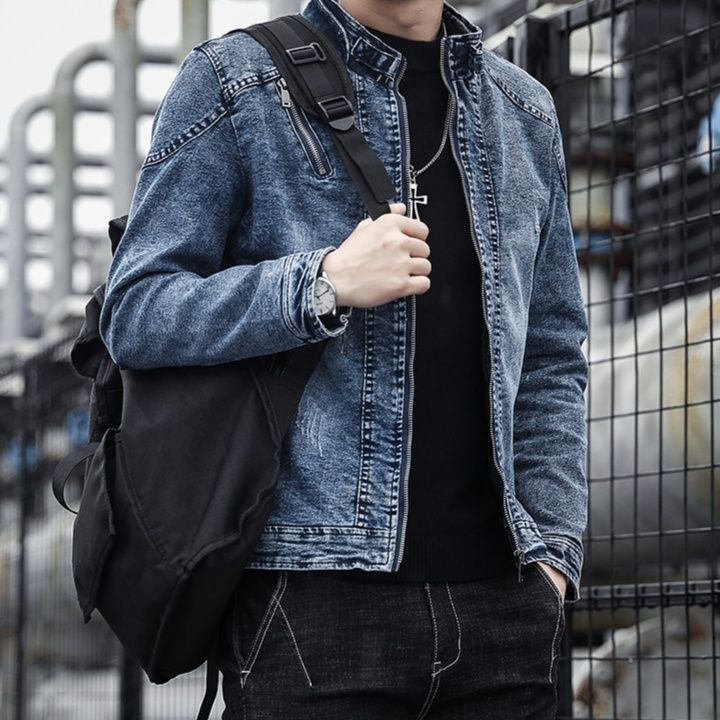 デニムジャケットメンズ 立襟ジップアップ加工デニムジャケット