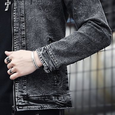 デニムジャケットメンズ 立襟ジップアップ加工デニムジャケット