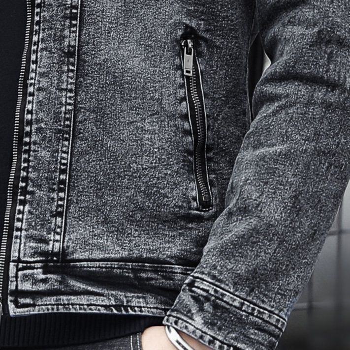 デニムジャケットメンズ 立襟ジップアップ加工デニムジャケット