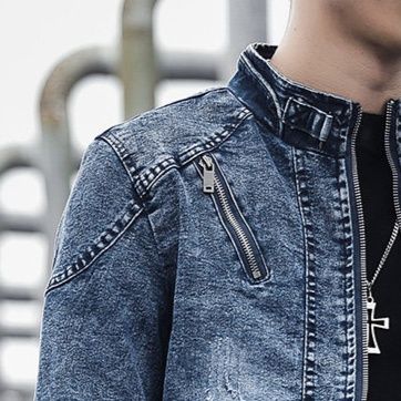 デニムジャケットメンズ 立襟ジップアップ加工デニムジャケット