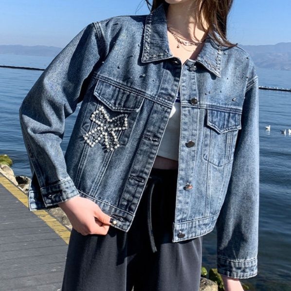 デニムジャケットレディース パール装飾付きショート丈デニムジャケット