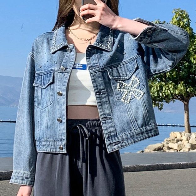デニムジャケットレディース パール装飾付きショート丈デニムジャケット