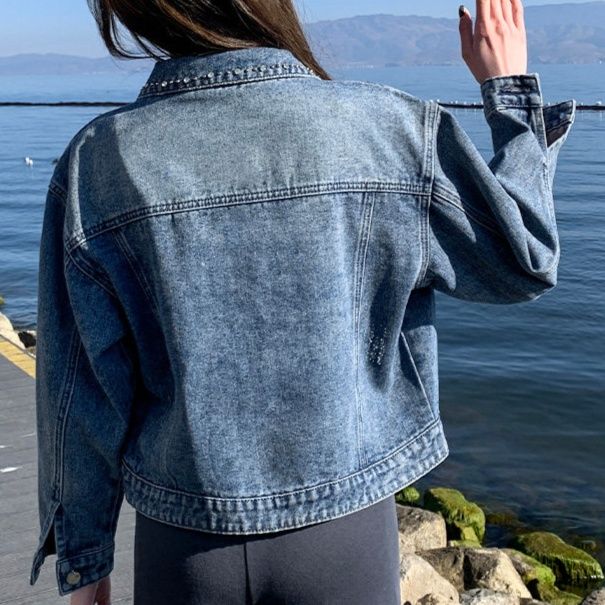 デニムジャケットレディース パール装飾付きショート丈デニムジャケット