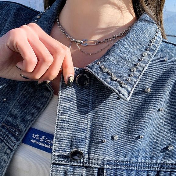 デニムジャケットレディース パール装飾付きショート丈デニムジャケット