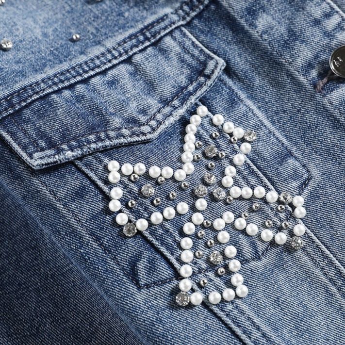 デニムジャケットレディース パール装飾付きショート丈デニムジャケット