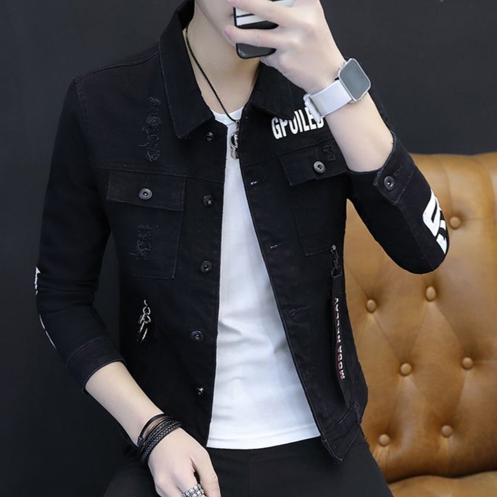 デニムジャケットショート丈 ダメージ加工文字プリント入りショート丈デニムジャケット