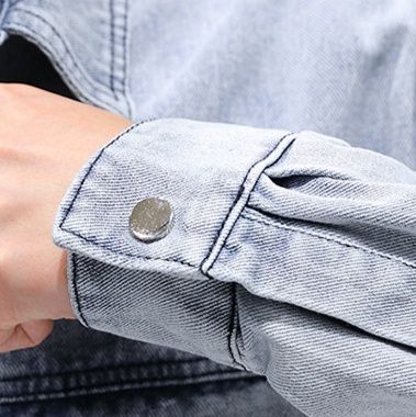 デニムジャケットメンズ バックプリント刺繍入り落書き風シャツ型デニムジャケット