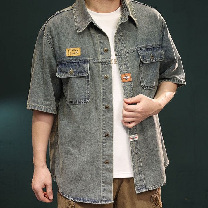 デニムジャケット半袖 ビンテージ風胸ポケット付き半袖デニムジャケット
