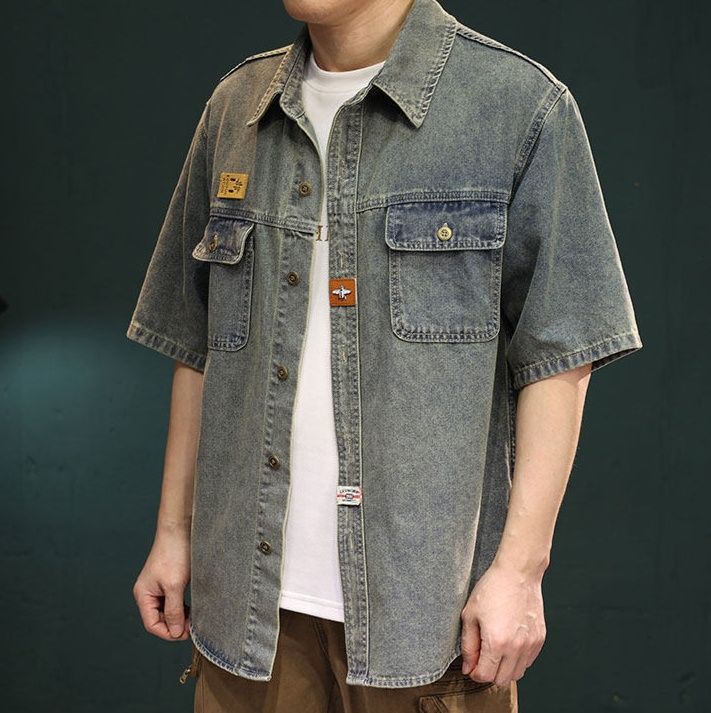 デニムジャケット半袖 ビンテージ風胸ポケット付き半袖デニムジャケット