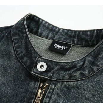 デニムジャケットメンズ 立襟ジップアップヴィンテージ加工デニムジャケット