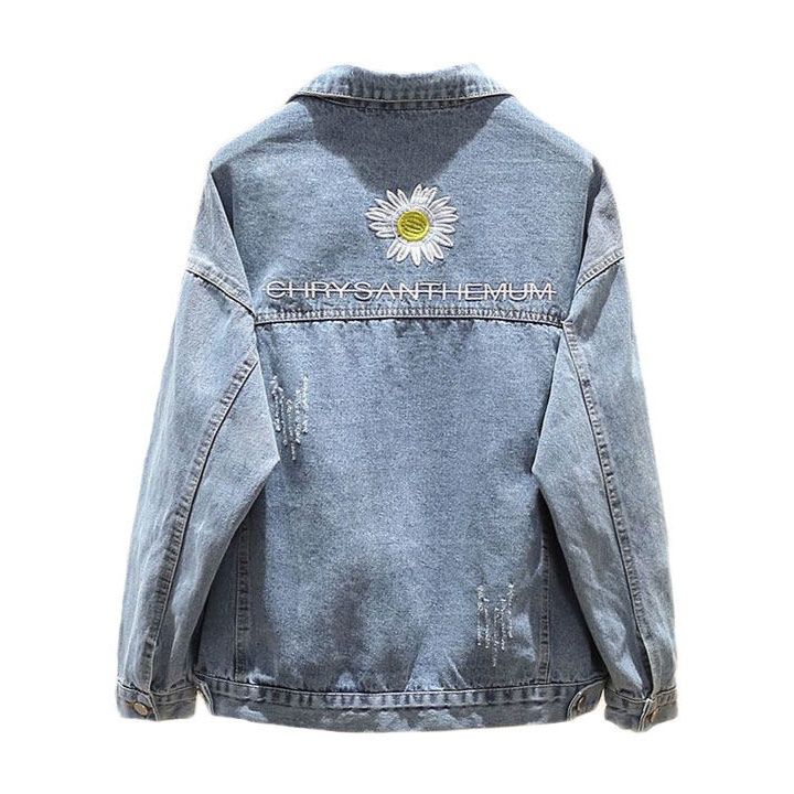 デニムジャケットレディース 花刺繍入りゆったりシルエットデニムジャケット