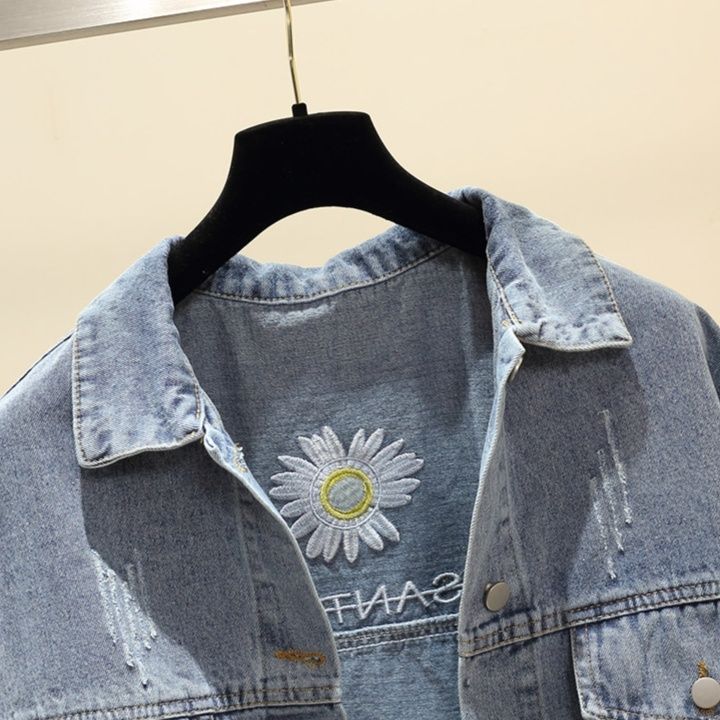 デニムジャケットレディース 花刺繍入りゆったりシルエットデニムジャケット
