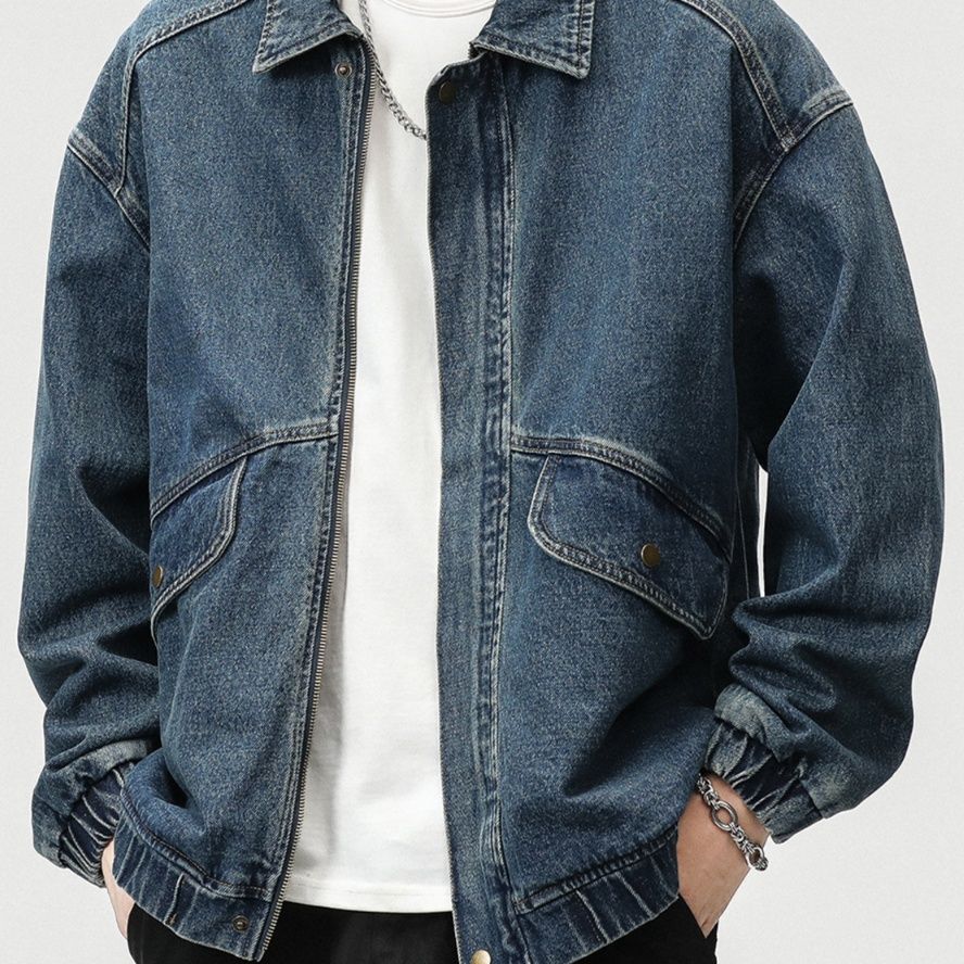 ゆったりシルエット襟付きジップアップデニムジャケットメンズ