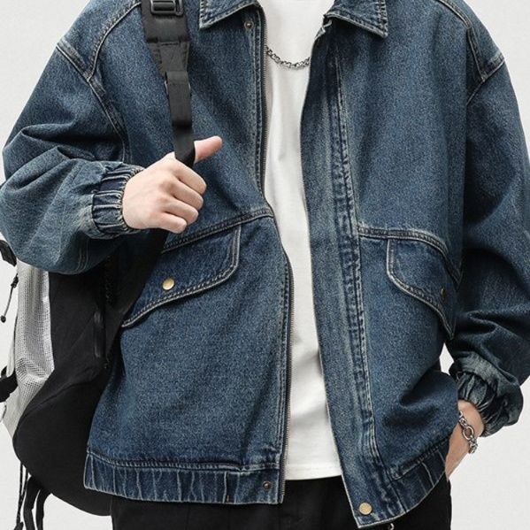 ゆったりシルエット襟付きジップアップデニムジャケットメンズ