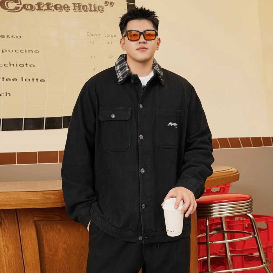  チェック柄襟デザインゆったりオーバーサイズデニムジャケット