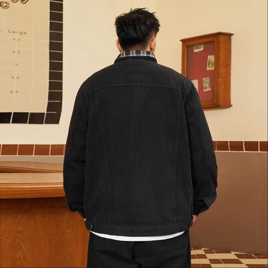  チェック柄襟デザインゆったりオーバーサイズデニムジャケット