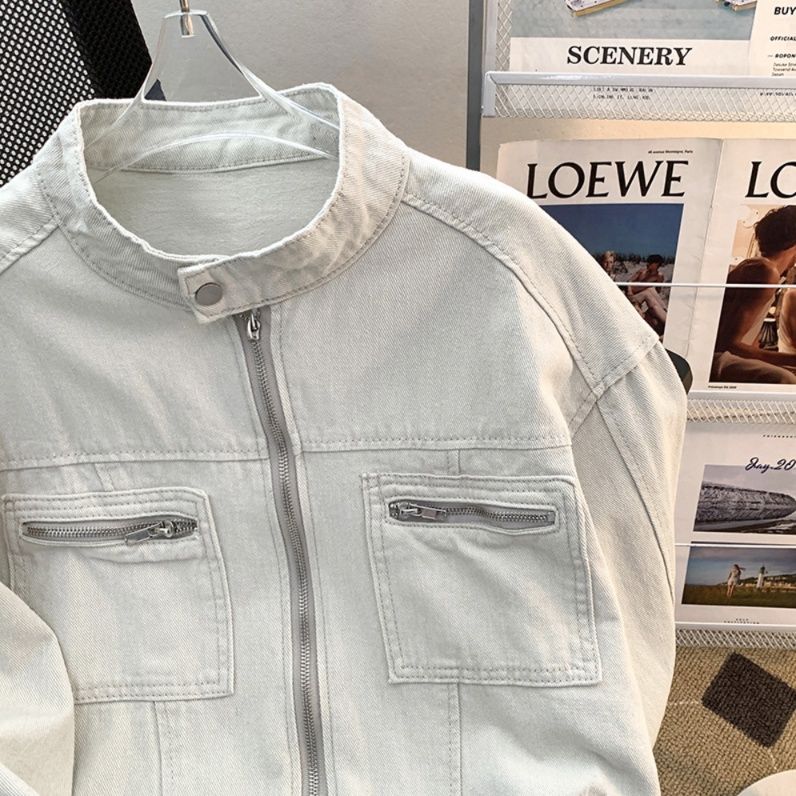  スタンドカラージップアップ白デニムジャケット