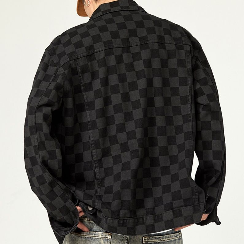 市松模様デニムジャケット黒系ゆったりシルエット