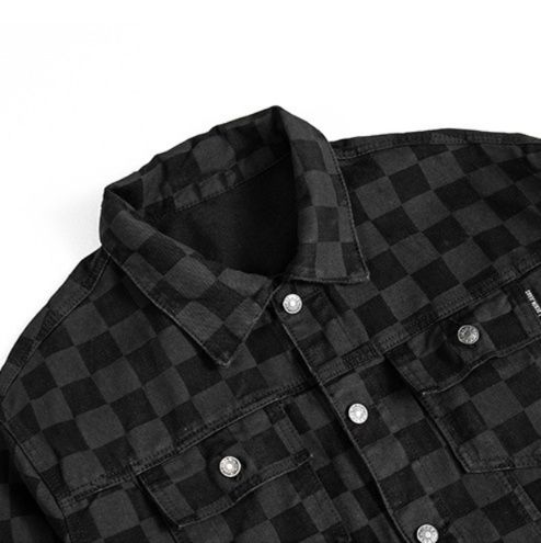  市松模様デニムジャケット黒系ゆったりシルエット