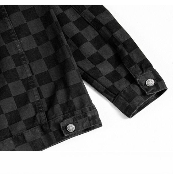  市松模様デニムジャケット黒系ゆったりシルエット