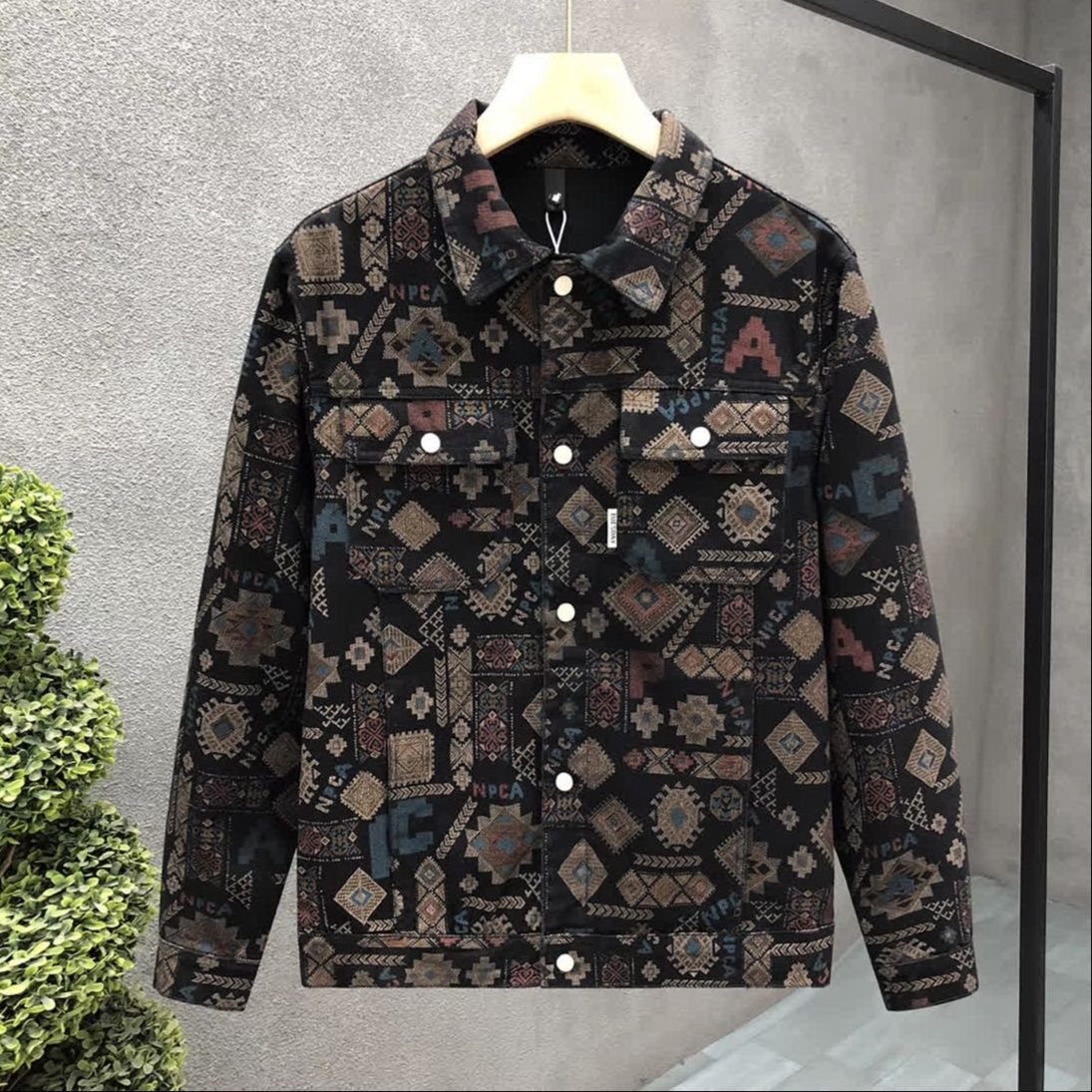 民族柄総柄ジャガード織メンズデニムジャケット