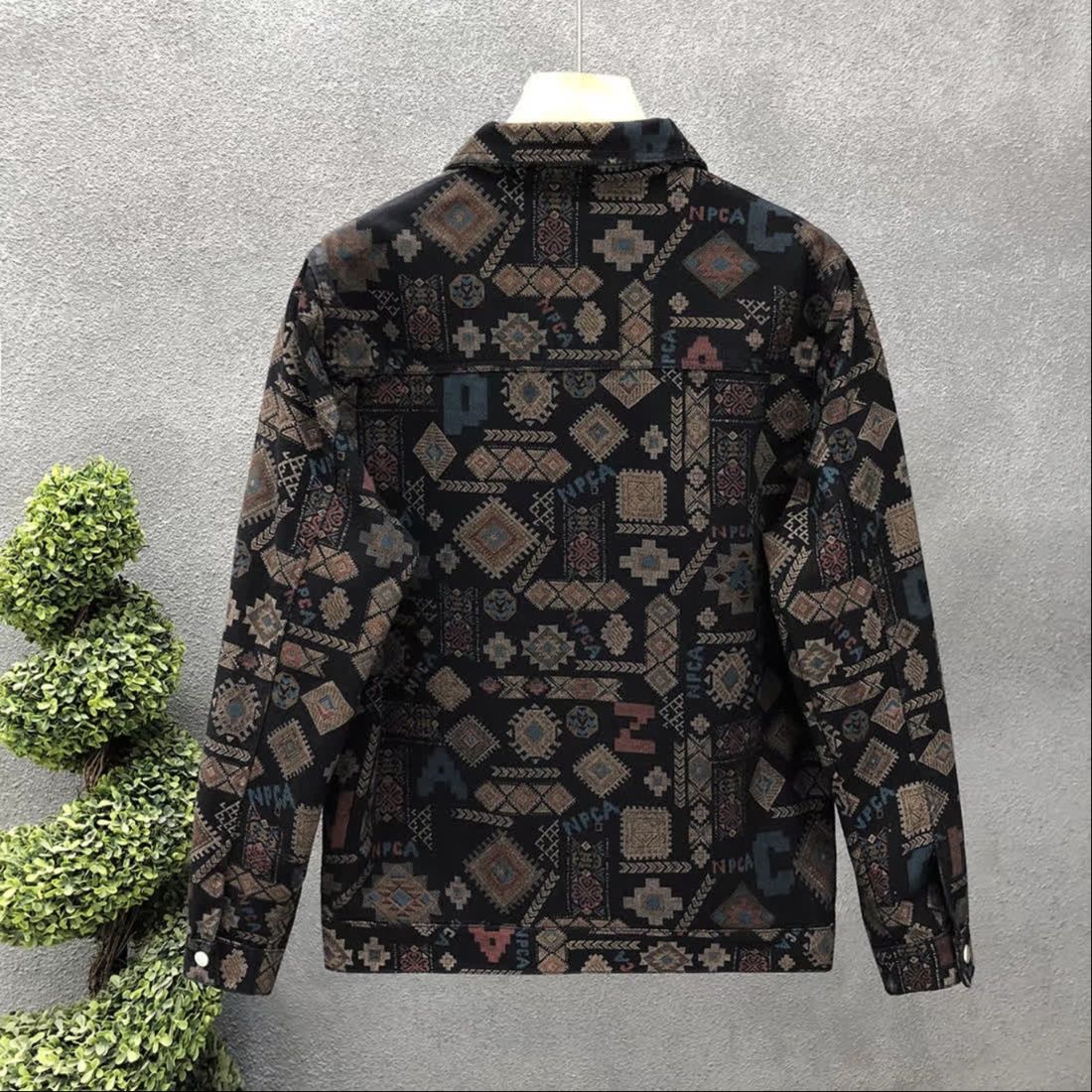 民族柄総柄ジャガード織メンズデニムジャケット
