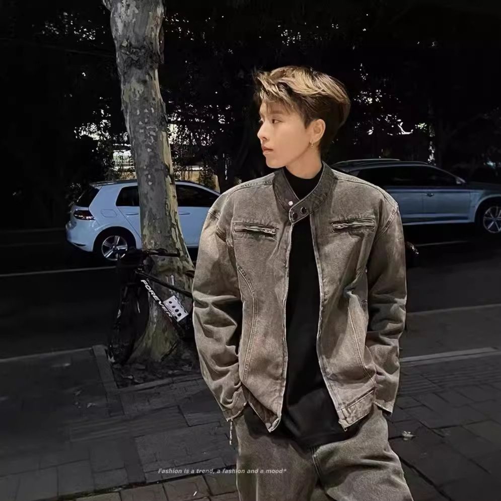  立襟ジップアップショート丈デニムジャケット