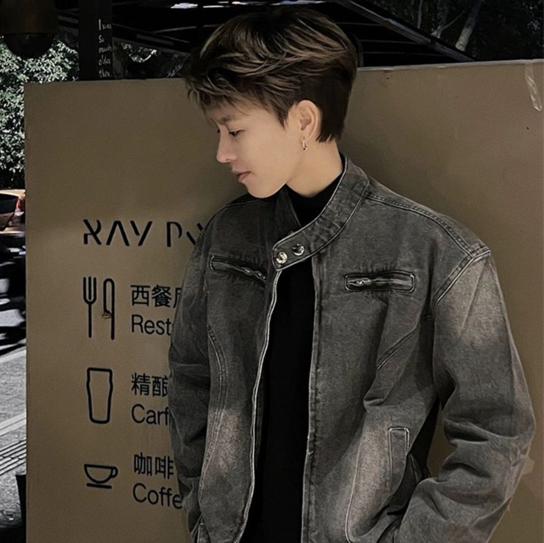  立襟ジップアップショート丈デニムジャケット