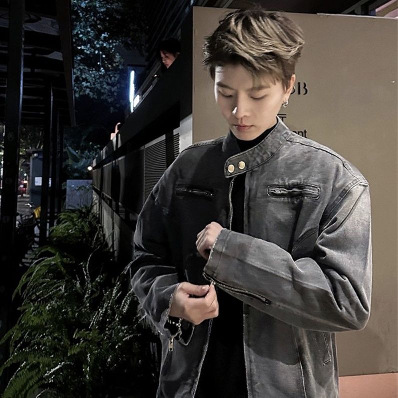  立襟ジップアップショート丈デニムジャケット