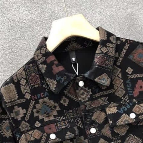 民族柄総柄ジャガード織メンズデニムジャケット