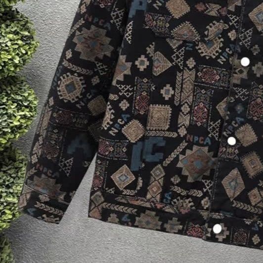 民族柄総柄ジャガード織メンズデニムジャケット