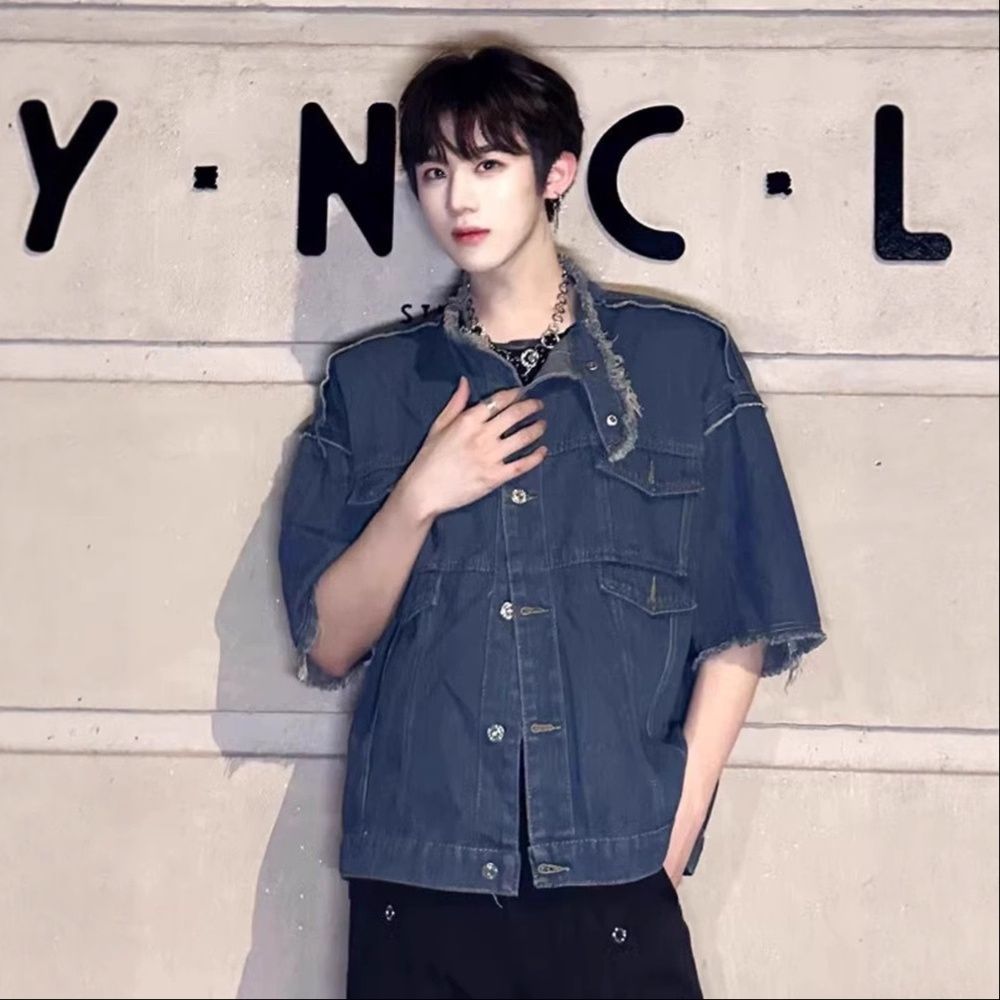 ダメージ加工フリンジ半袖デニムジャケット