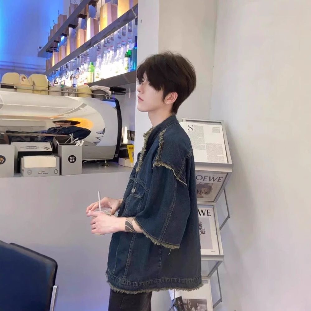 ダメージ加工フリンジ半袖デニムジャケット