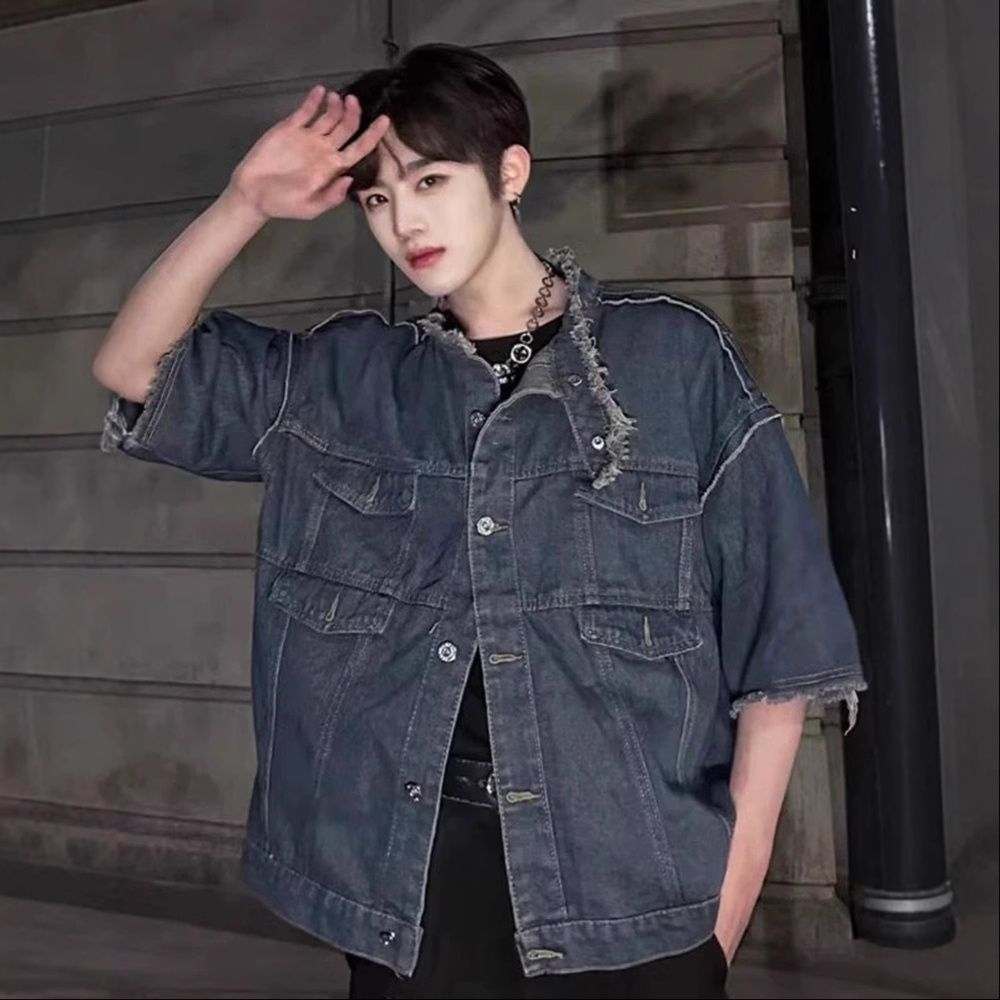 ダメージ加工フリンジ半袖デニムジャケット