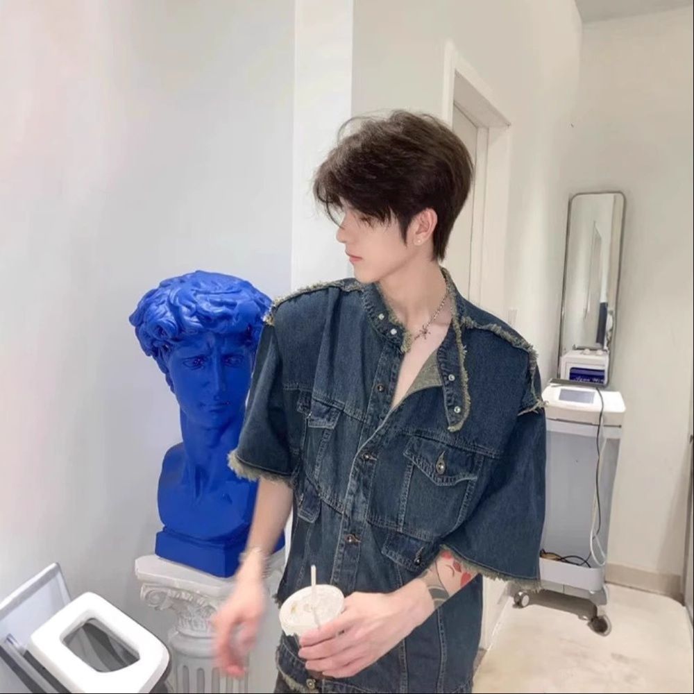 ダメージ加工フリンジ半袖デニムジャケット