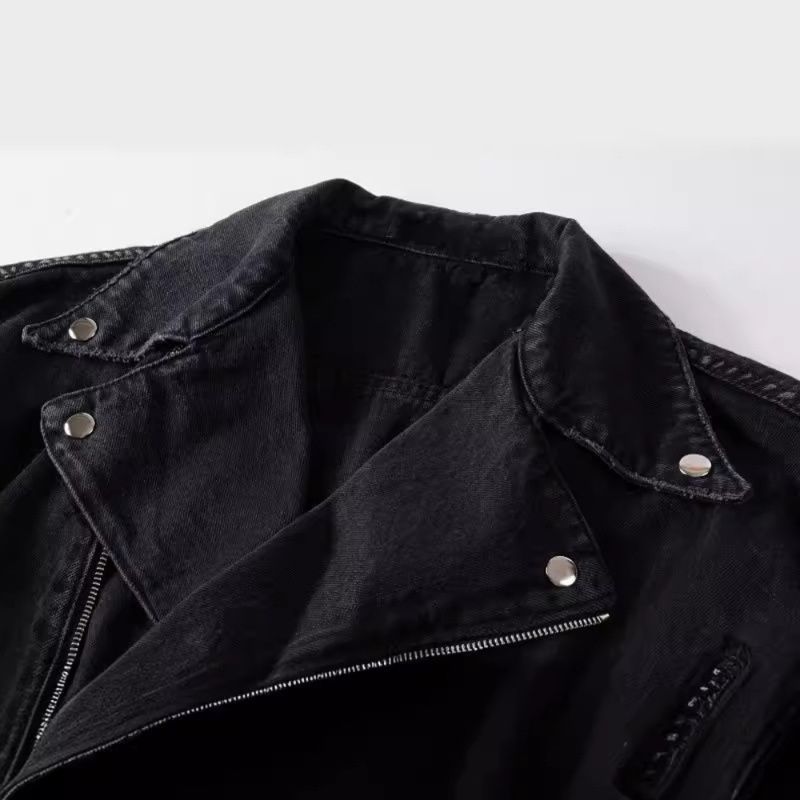 メンズライダース風デニムジャケット ショート丈ベルト付き