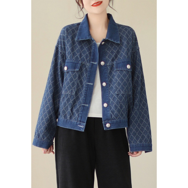 デニムジャケット 菱形キルティング柄刺繍入りデニムジャケット