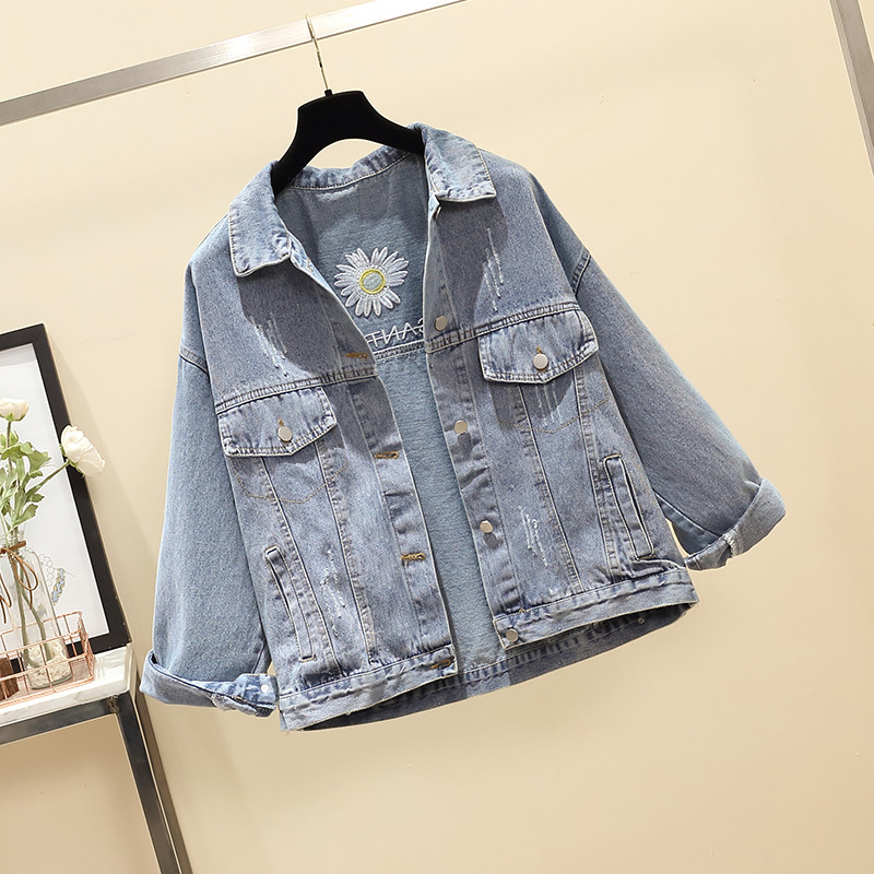 デニムジャケットレディース 花刺繍入りゆったりシルエットデニムジャケット