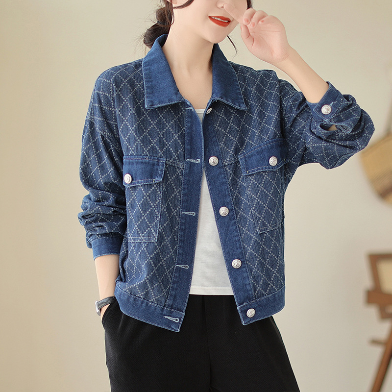 デニムジャケット 菱形キルティング柄刺繍入りデニムジャケット