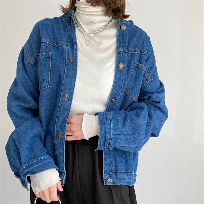 デニムジャケット ゆったりシルエットのノーカラーデニムジャケット