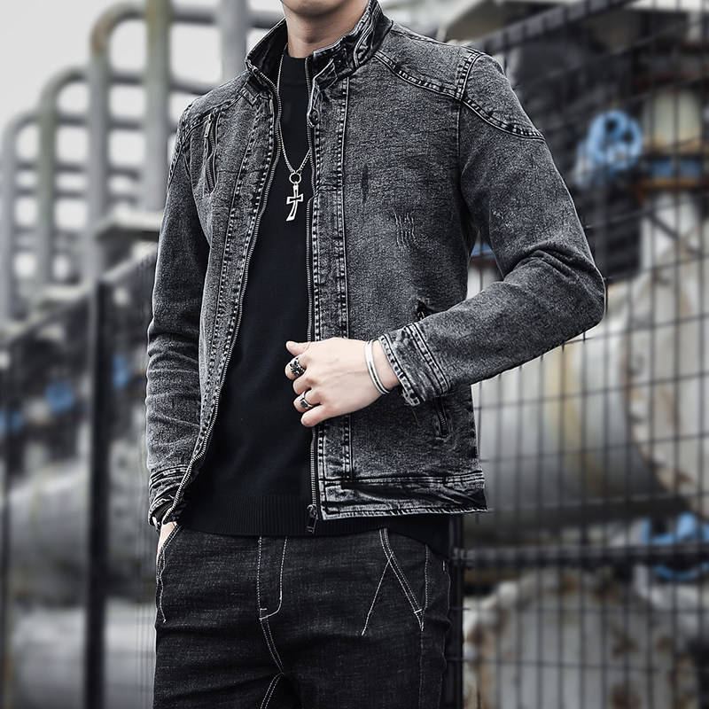 デニムジャケット 立襟ジップアップ加工デニムジャケット