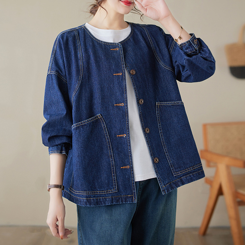 デニムジャケット 丸襟ノーカラーゆったりシルエットデニムジャケット