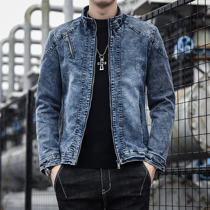 デニムジャケット 立襟ジップアップ加工デニムジャケット