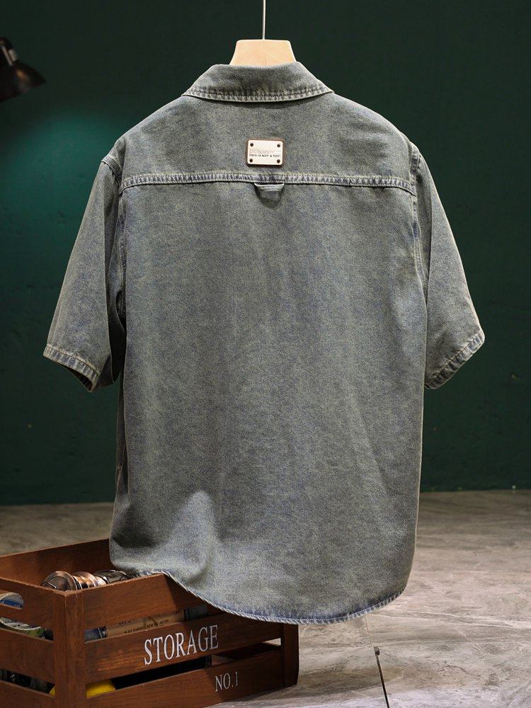 デニムジャケット半袖 ビンテージ風胸ポケット付き半袖デニムジャケット