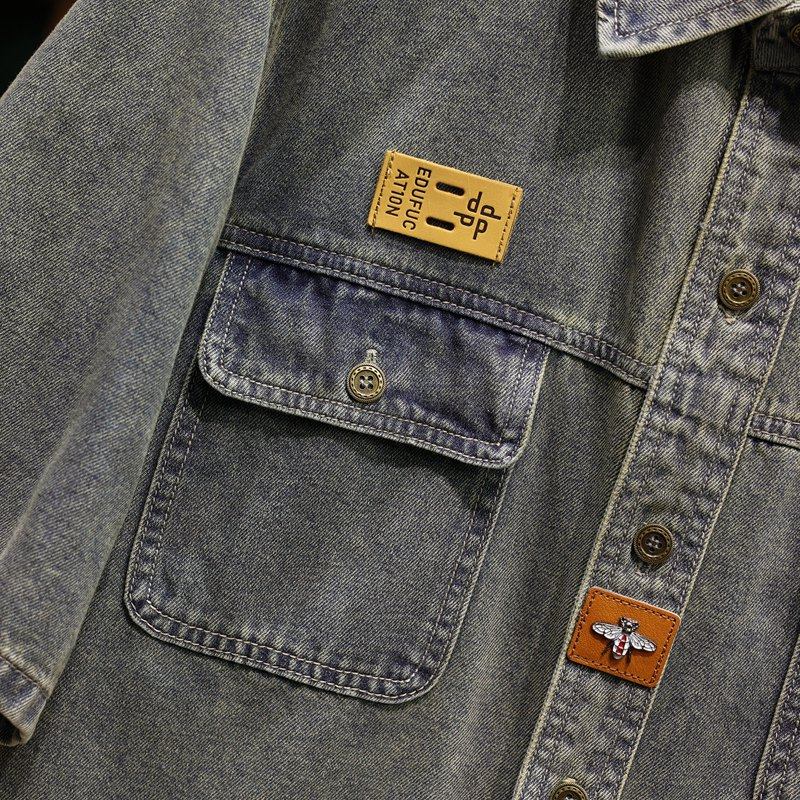 デニムジャケット半袖 ビンテージ風胸ポケット付き半袖デニムジャケット