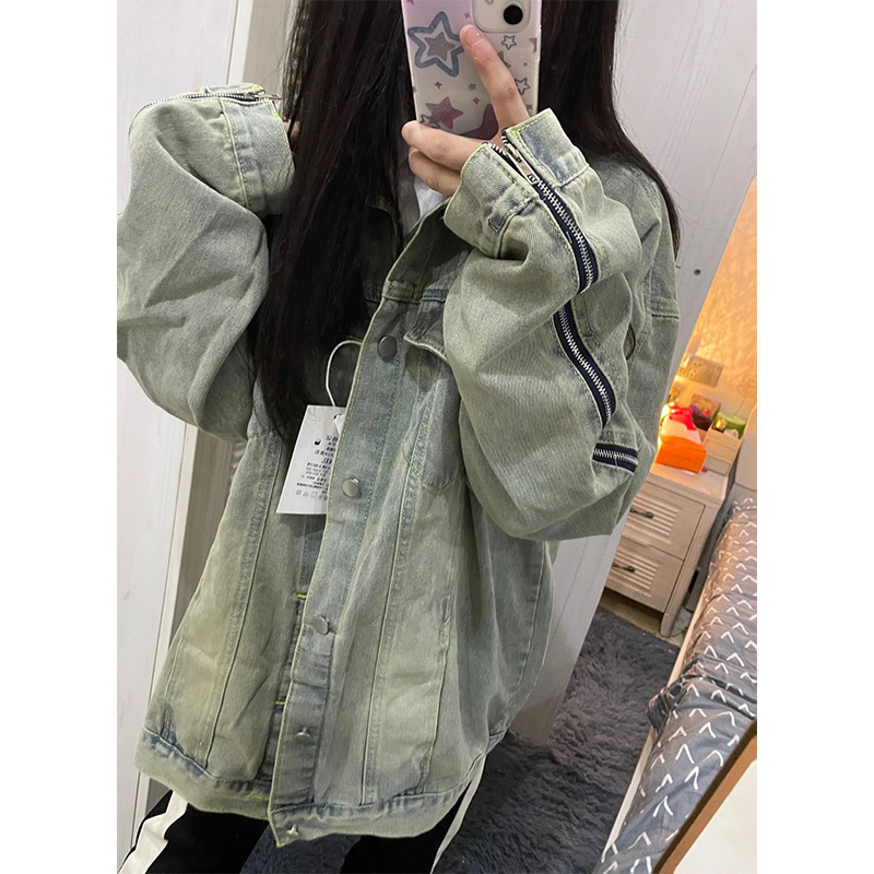デニムジャケット ゆったりシルエット袖ジッパーデニム