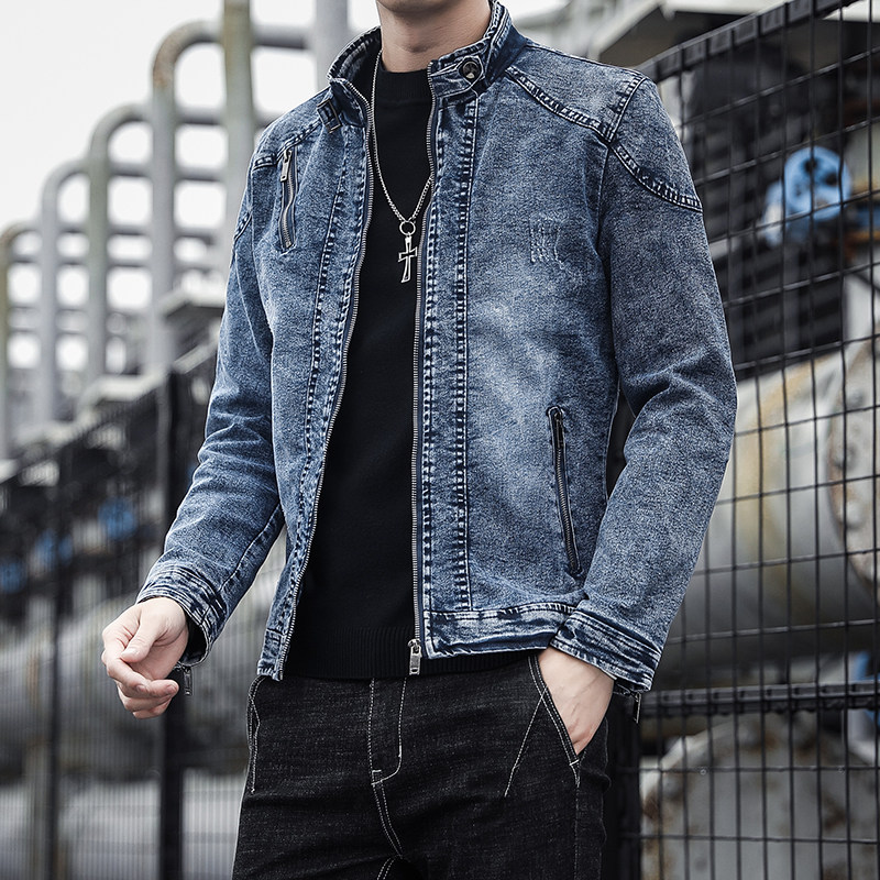 デニムジャケット 立襟ジップアップ加工デニムジャケット
