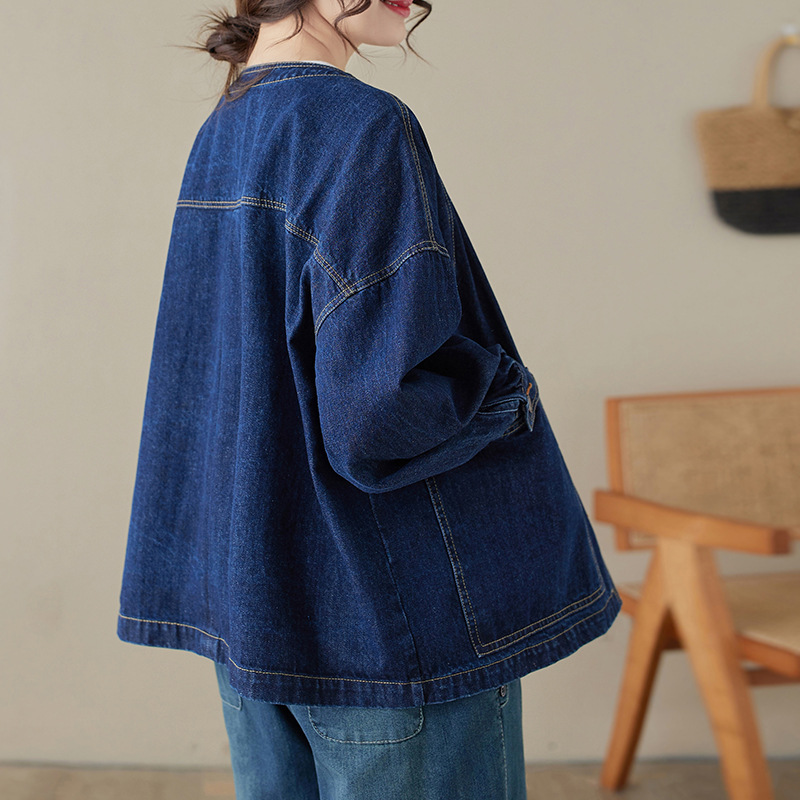 デニムジャケット 丸襟ノーカラーゆったりシルエットデニムジャケット